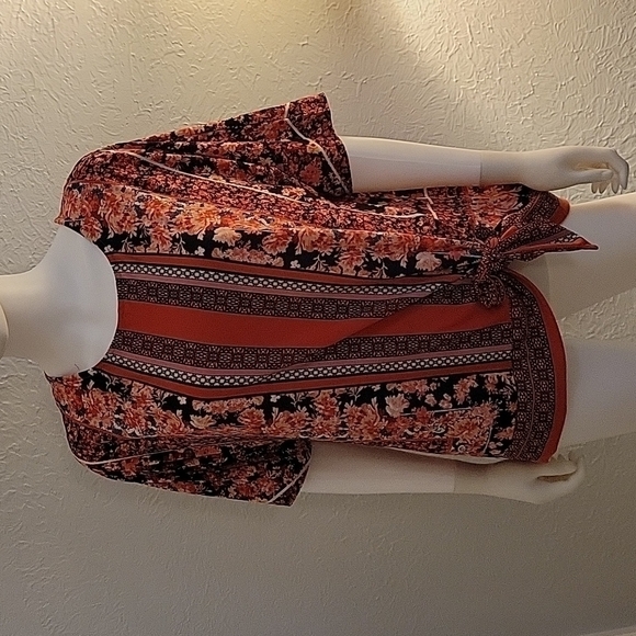 5/$25 Roz & ALI Coral Floral Rose Stripe Waist Tie Blouse FLAWED - Picture 3 of 11